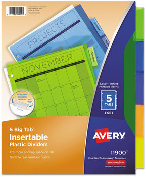 Avery® Insertable Big Tab™ Plastic Dividers 5-Tab, 11 x 8.5, Assorted, 1 Set