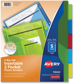 Avery® Insertable Big Tab™ Plastic Pocket Dividers 2-Pocket 5-Tab, 11.13 x 9.25, Assorted, 1 Set