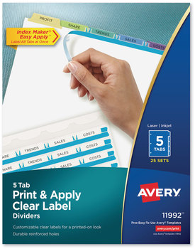 Avery® Print & Apply Index Maker® Clear Label Dividers with Easy Printable Strip and Color Tabs 5-Tab, 11 x 8.5, White, Contemporary 25 Sets