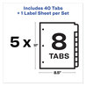 A Picture of product AVE-12433 Avery® Print & Apply Index Maker® Clear Label Plastic Dividers with Easy Printable Strip and 8-Tab, 11 x 8.5, Assorted Tabs, 5 Sets