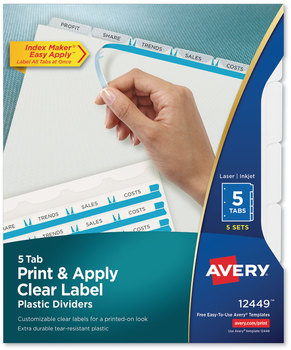Avery® Print & Apply Index Maker® Clear Label Plastic Dividers with Easy Printable Strip and w/Printable 5-Tab, 11 x 8.5, Frosted Tabs, 5 Sets