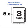 A Picture of product AVE-12450 Avery® Print & Apply Index Maker® Clear Label Plastic Dividers with Easy Printable Strip and w/Printable 8-Tab, 11 x 8.5, Frosted Tabs, 5 Sets