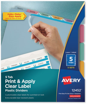 Avery® Print & Apply Index Maker® Clear Label Plastic Dividers with Easy Printable Strip and 5-Tab, 11 x 8.5, Assorted Tabs, 5 Sets