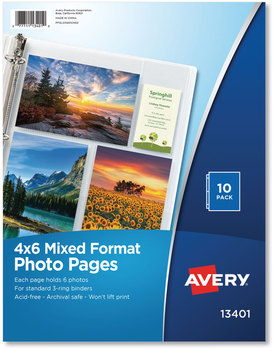 Avery® Photo Storage Pages for Six 4 x 6 Mixed Format Photos, 3-Hole Punched, 10/Pack