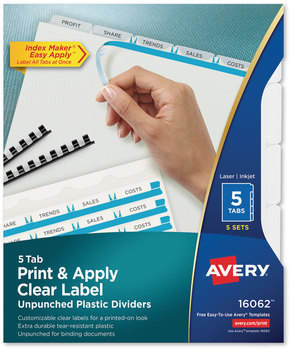 Avery® Print & Apply Index Maker® Clear Label Unpunched Dividers with Easy Printable Strip for Binding Systems and 5-Tab, 11 x 8.5, 5 Sets