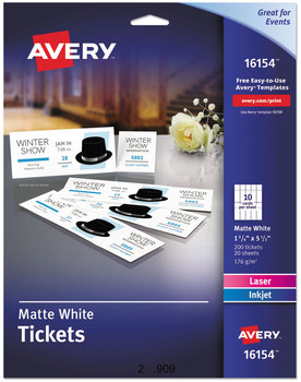 Avery® Printable Tickets with Tear-Away Stubs w/Tear-Away 97 Bright, 65 lb Cover Weight, 8.5 x 11, White, 10 Tickets/Sheet, 20 Sheets/Pack