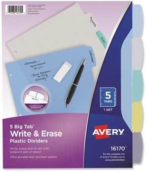 Avery® Write & Erase Big Tab™ Durable Plastic Dividers and 3-Hole Punched, 5-Tab, 11 x 8.5, Assorted, 1 Set