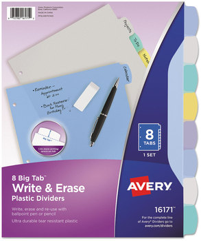 Avery® Write & Erase Big Tab™ Durable Plastic Dividers and 3-Hole Punched, 8-Tab, 11 x 8.5, Assorted, 1 Set