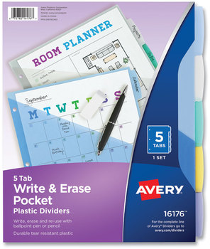 Avery® Write & Erase Durable Plastic Dividers with Pocket and Slash 3-Hold Punched, 5-Tab, 11.13 x 9.25, Assorted, 1 Set