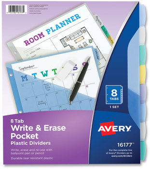 Avery® Write & Erase Durable Plastic Dividers with Pocket and Slash 3-Hold Punched, 8-Tab, 11.13 x 9.25, Assorted, 1 Set