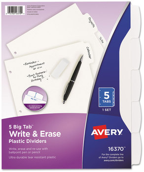 Avery® Write & Erase Big Tab™ Durable Plastic Dividers and 3-Hole Punched, 5-Tab, 11 x 8.5, White, 1 Set