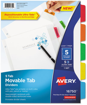 Avery® Movable Tab Dividers with Color Tabs 5-Tab, 11 x 8.5, White, 1 Set