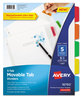 A Picture of product AVE-16750 Avery® Movable Tab Dividers with Color Tabs 5-Tab, 11 x 8.5, White, 1 Set