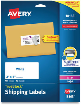 Avery® Shipping Labels with TrueBlock® Technology w/ Inkjet Printers, 2 x 4, White, 10/Sheet, 10 Sheets/Pack