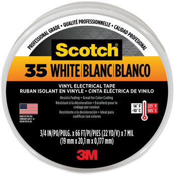 3M™ Scotch® 35 Vinyl Electrical Color Coding Tape 3" Core, 0.75" x 66 ft, White