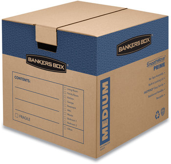Bankers Box® SmoothMove™ Prime Moving & Storage Boxes Moving/Storage Hinged Lid, Regular Slotted Container, Medium, 18" x 16", Brown/Blue, 8/Carton