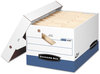 A Picture of product FEL-0063601 Bankers Box® PRESTO™ Ergonomic Design Storage Boxes Letter/Legal Files, 12.88" x 16.5" 10.38", White/Blue, 12/Carton