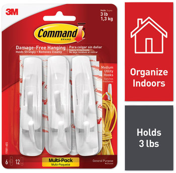 Command™ General Purpose Hooks Multi-Pack, Medium, Plastic, White, 3 lb Capacity, 6 and 12 Strips/Pack