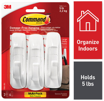 Command™ General Purpose Hooks Multi-Pack, Large, Plastic, White, 5 lb Capacity, 3 and 6 Strips/Pack