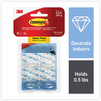 Command™ Clear Hooks and Strips Mini, Plastic, 0.5 lb Capacity, 18 24 Strips/Pack