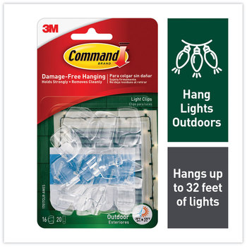 Command™ All Weather Hooks and Strips Small, Plastic, Clear, 16 Clips 20 Strips/Pack