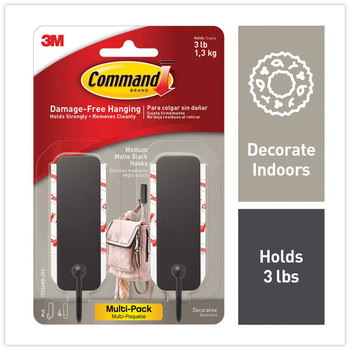 Command™ Decorative Hooks Medium, Plastic, Matte Black, 3 lb Capacity, 2 and 4 Strips/Pack