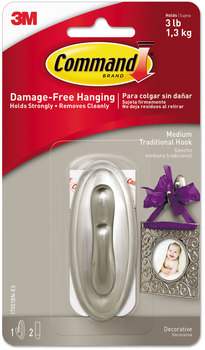 Command™ Decorative Hooks Traditional, Medium, Plastic, Brushed Nickel, 3 lb Capacity, 1 Hook and 2 Strips/Pack