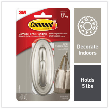 Command™ Decorative Hooks Traditional, Large, Plastic, Silver, 5 lb Capacity, 1 Hook and 2 Strips/Pack