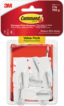 Command™ General Purpose Hooks Wire Medium, Metal, White, 2 lb Capacity, 7 and 8 Strips/Pack