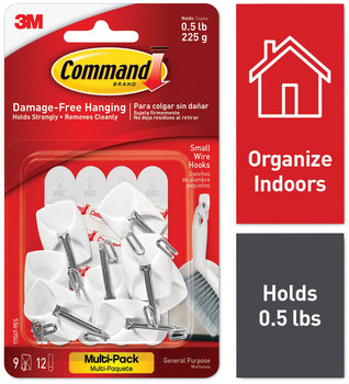 Command™ General Purpose Hooks Wire Multi-Pack, Small, Metal, White, 0.5 lb Capacity, 9 and 12 Strips/Pack