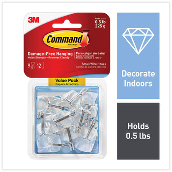 Command™ Clear Hooks and Strips Small, Plastic/Metal, 0.5 lb, 9 12 Strips/Pack