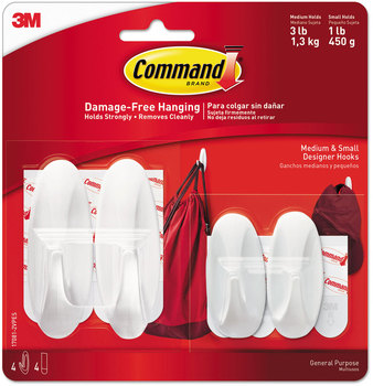 Command™ Designer Hooks General Purpose Small/Medium, Plastic, White, 1lb and 3 lb Capacities, 4 Strips/Pack