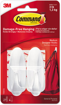 Command™ Designer Hooks General Purpose Medium, Plastic, White, 3 lb Capacity, 2 and 4 Strips/Pack