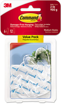 Command™ Clear Hooks and Strips Medium, Plastic, 2 lb Capacity, 6 12 Strips/Pack