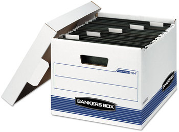 Bankers Box® HANG'N'STOR™ Medium-Duty Storage Boxes Letter Files, 12.63" x 15.63" 10", White/Blue, 4/Carton