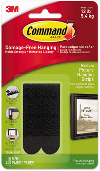 Command™ Picture Hanging Strips Removable, Holds Up to 3 lbs per Pair, 0.75 x 2.75, Black, 4 Pairs/Pack