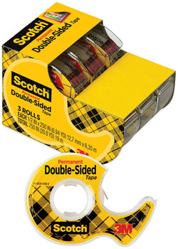 Scotch® Double-Sided Permanent Tape in Handheld Dispenser 1" Core, 0.5" x 20.83 ft, Clear, 3/Pack