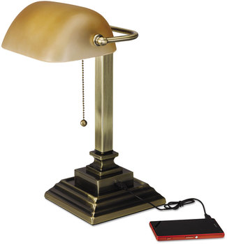 Alera® Banker's Lamp Traditional with USB, 10w x 10d 15h, Antique Brass