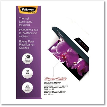 Fellowes® SuperQuick™ Thermal Laminating Pouches 3 mil, 9" x 11.5", Gloss Clear, 100/Pack