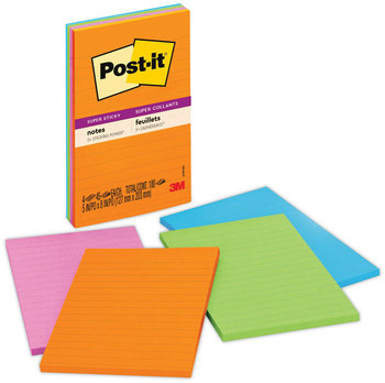 Post-it® Notes Super Sticky Pads in Energy Boost Colors Collection Note Ruled, 5" x 8", 45 Sheets/Pad, 4 Pads/Pack