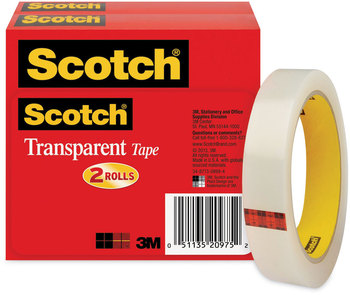 Scotch® Transparent Tape 3" Core, 0.75" x 72 yds, 2/Pack