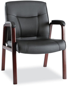 Alera® Madaris Series Bonded Leather Guest Chair with Wood Trim Legs 25.39" x 25.98" 35.62", Black Seat/Back, Mahogany Base