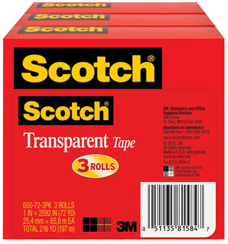 Scotch® Transparent Tape 3" Core, 1" x 72 yds, 3/Pack