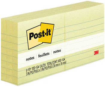 Post-it® Notes Original Pads in Canary Yellow Note Ruled, 3" x 100 Sheets/Pad, 6 Pads/Pack