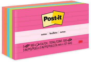 Post-it® Notes Original Pads in Poptimistic Colors Collection Note Ruled, 3" x 5", 100 Sheets/Pad, 5 Pads/Pack