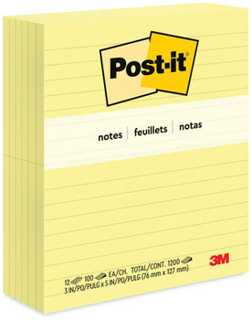 Post-it® Notes Original Pads in Canary Yellow Note Ruled, 3" x 5", 100 Sheets/Pad, 12 Pads/Pack