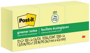 Post-it® Greener Notes Original Recycled Note Pads 1.5" x 2", Canary Yellow, 100 Sheets/Pad, 12 Pads/Pack