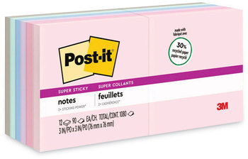 Post-it® Notes Super Sticky Recycled in Wanderlust Pastel Colors Pastels Collection 3" x 90 Sheets/Pad, 12 Pads/Pack