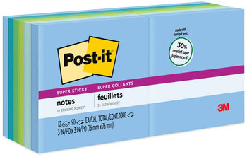 Post-it® Notes Super Sticky Recycled in Oasis Colors Collection 3 x 90 Sheets/Pad, 12 Pads/Pack