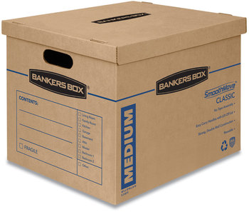 Bankers Box® SmoothMove™ Classic Moving & Storage Boxes Moving/Storage Half Slotted Container (HSC), Medium, 15" x 18" 14", Brown/Blue, 8/Carton